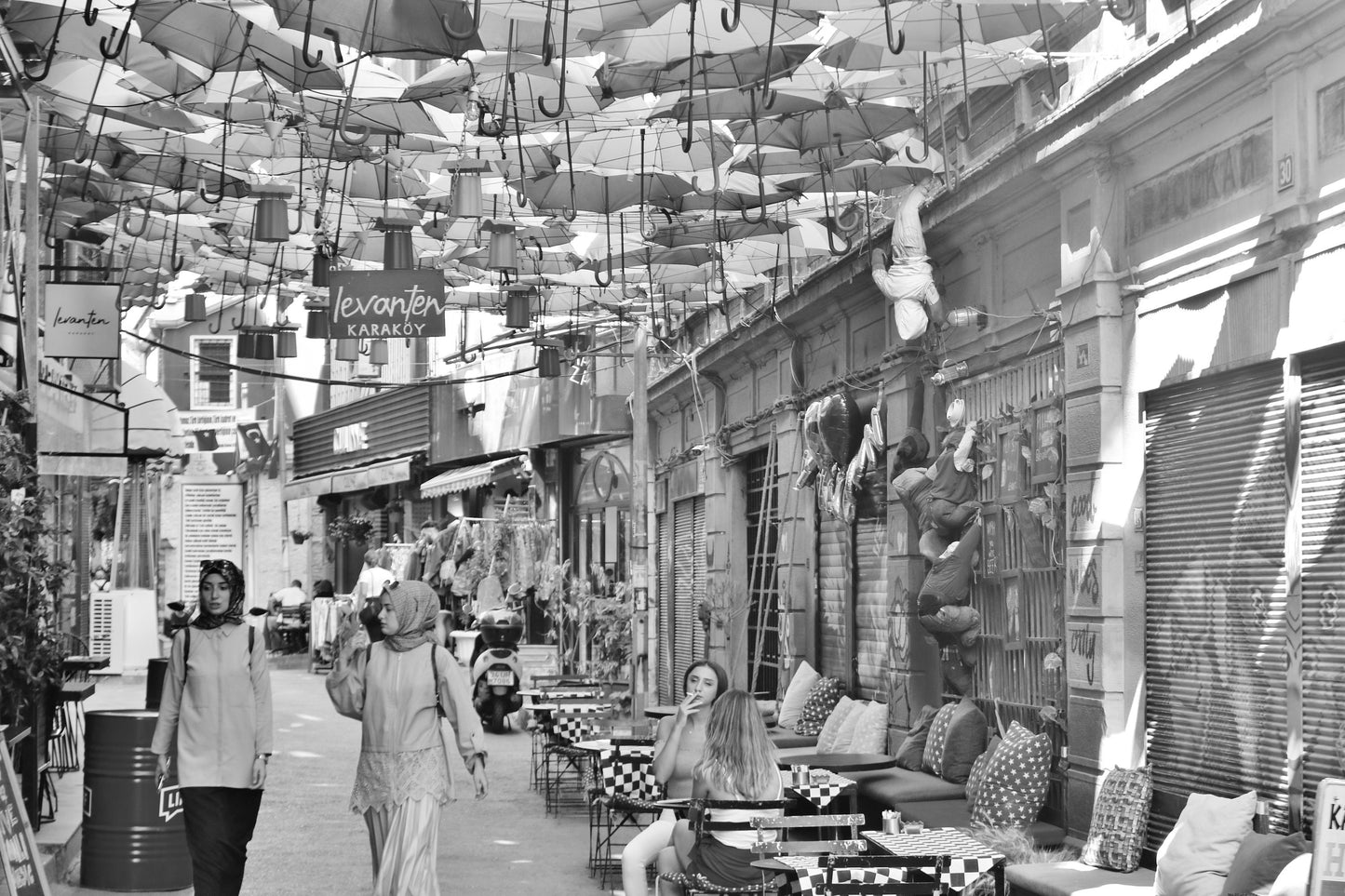 Istanbul Umbrellas Street Karakoy Black And White Photography Print