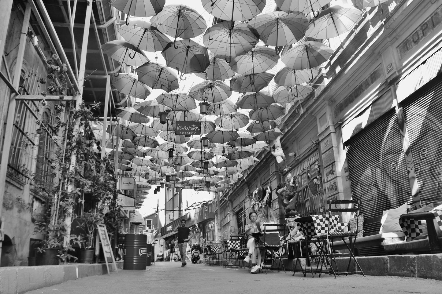 Istanbul Umbrellas Street Karakoy Black And White Photography Print Poster