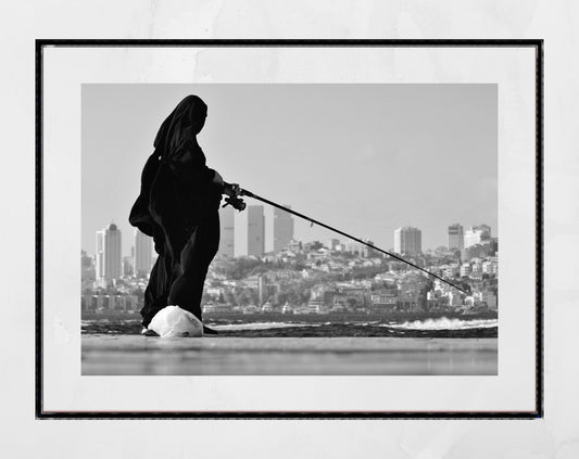 Middle East Istanbul Fishing Black And White Photography Print