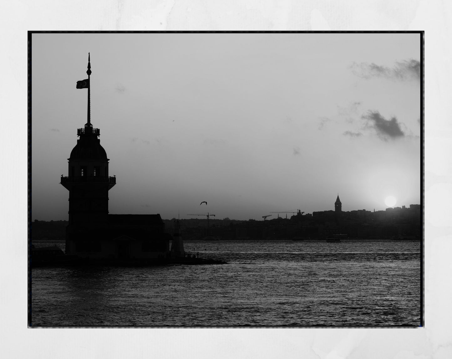 Istanbul Maiden's Tower Sunset Black And White Photography Print