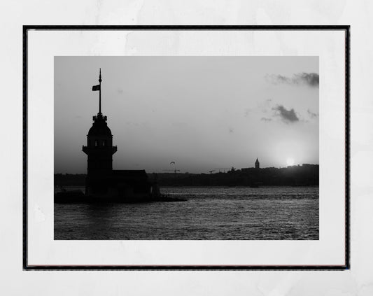 Istanbul Maiden's Tower Sunset Black And White Photography Print