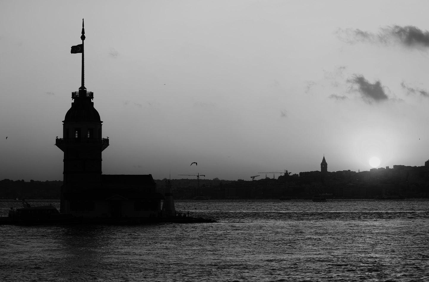 Istanbul Maiden's Tower Sunset Black And White Photography Print