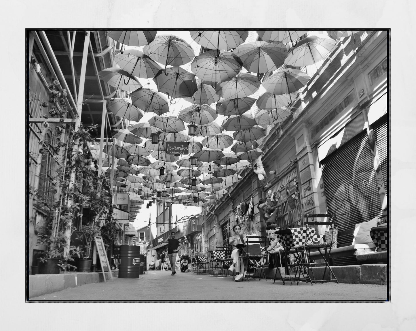 Istanbul Umbrellas Street Karakoy Black And White Photography Print Poster