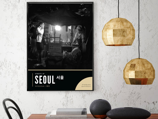 Atmospheric Seoul Street Scene, Hongdae Wall Art, Korean Food Print